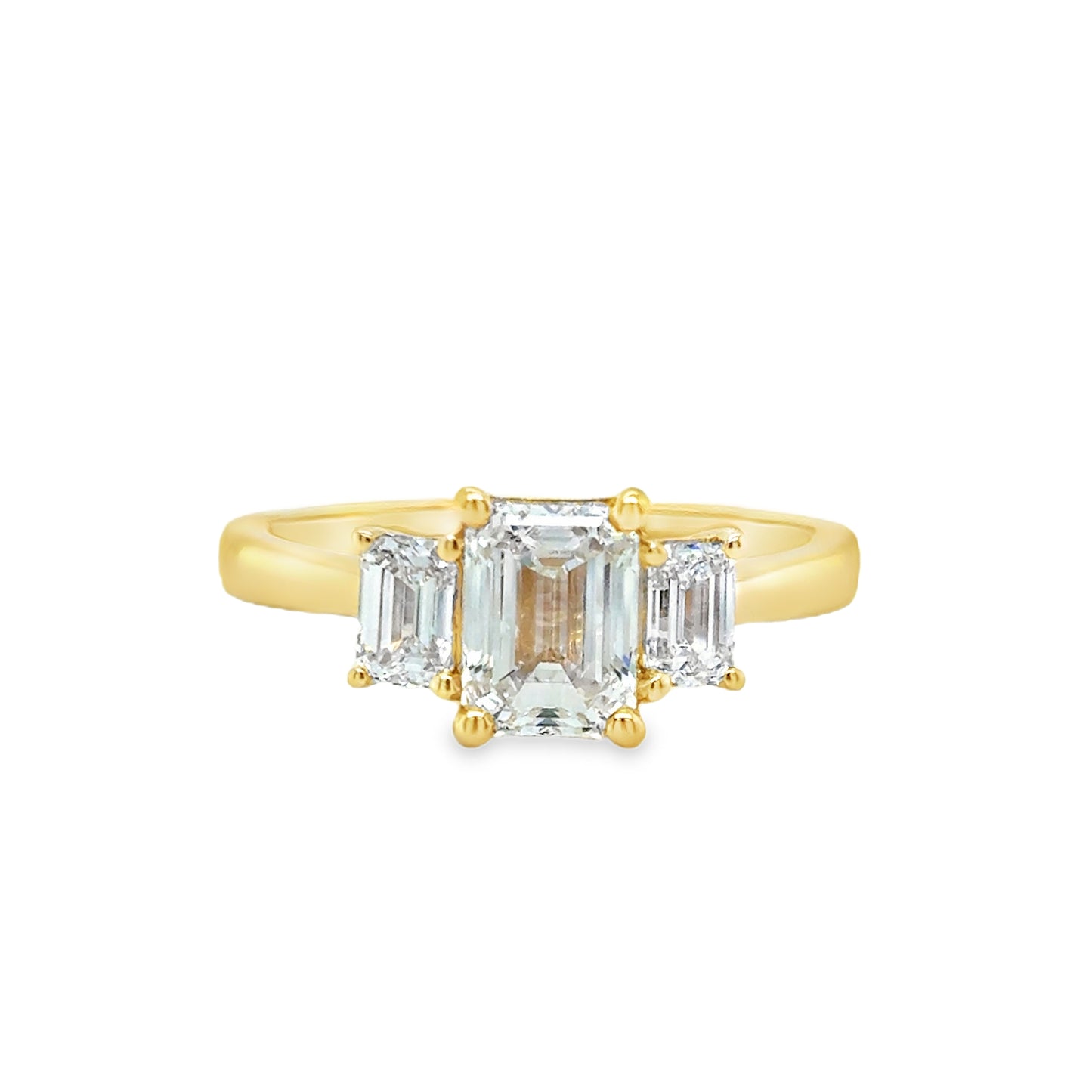 18ct Yellow Gold Three Stone Emerald Cut Cultured Diamond Ring 1.52ct
