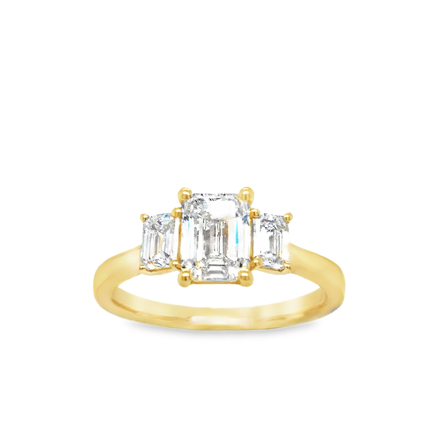 18ct Yellow Gold Three Stone Emerald Cut Cultured Diamond Ring 1.52ct