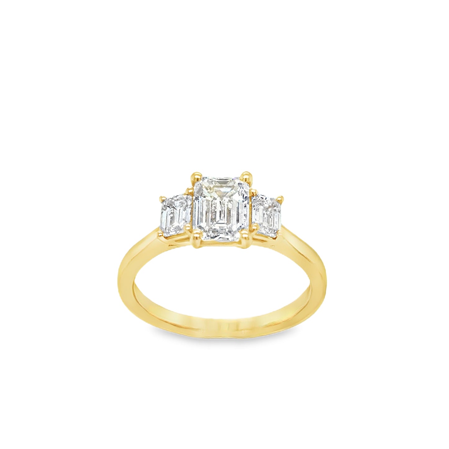 18ct Yellow Gold Three Stone Emerald Cut Cultured Diamond Ring 1.52ct