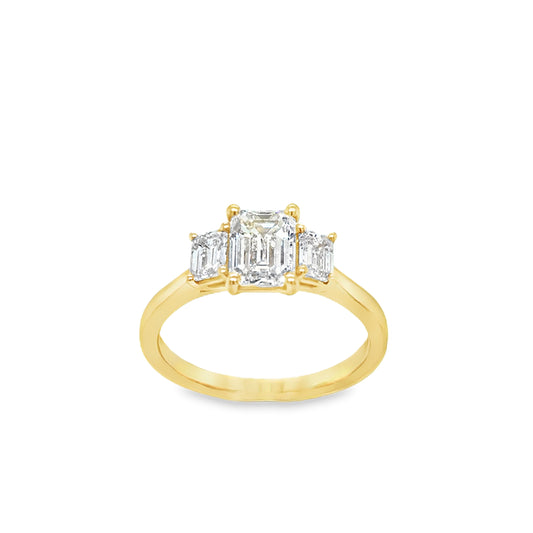 18ct Yellow Gold Three Stone Emerald Cut Cultured Diamond Ring 1.52ct