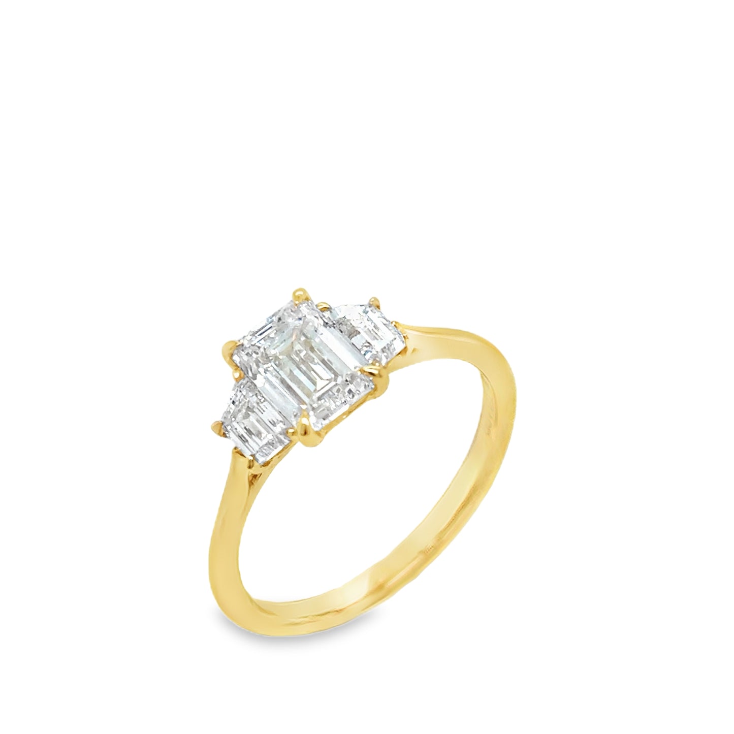 18ct Yellow Gold Three Stone Emerald and Trapezoid Cut Cultured Diamond Ring 1.57ct