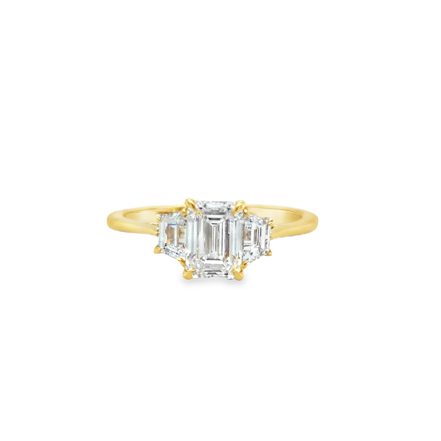 18ct Yellow Gold Three Stone Emerald and Trapezoid Cut Cultured Diamond Ring 1.57ct