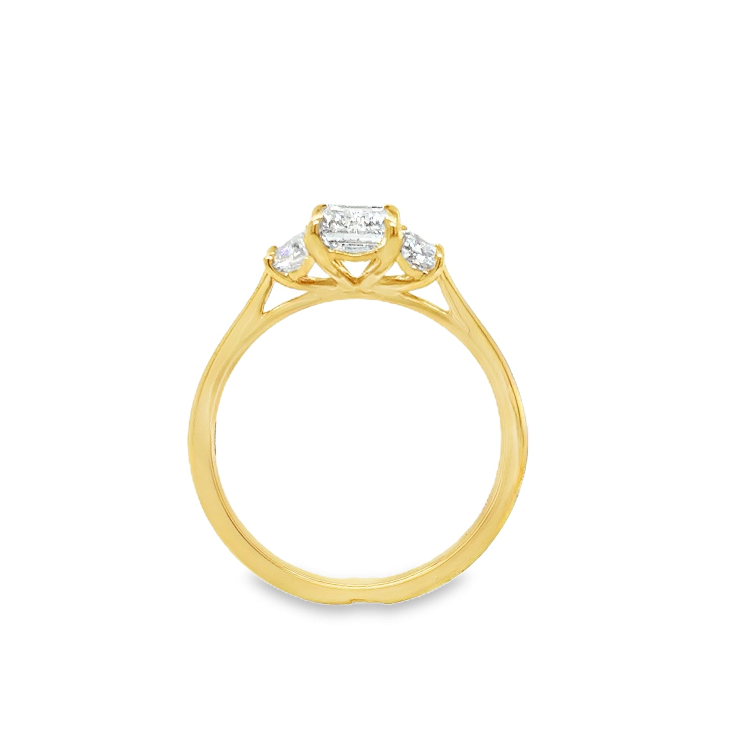 18ct Yellow Gold Three Stone Emerald and Trapezoid Cut Cultured Diamond Ring 1.57ct