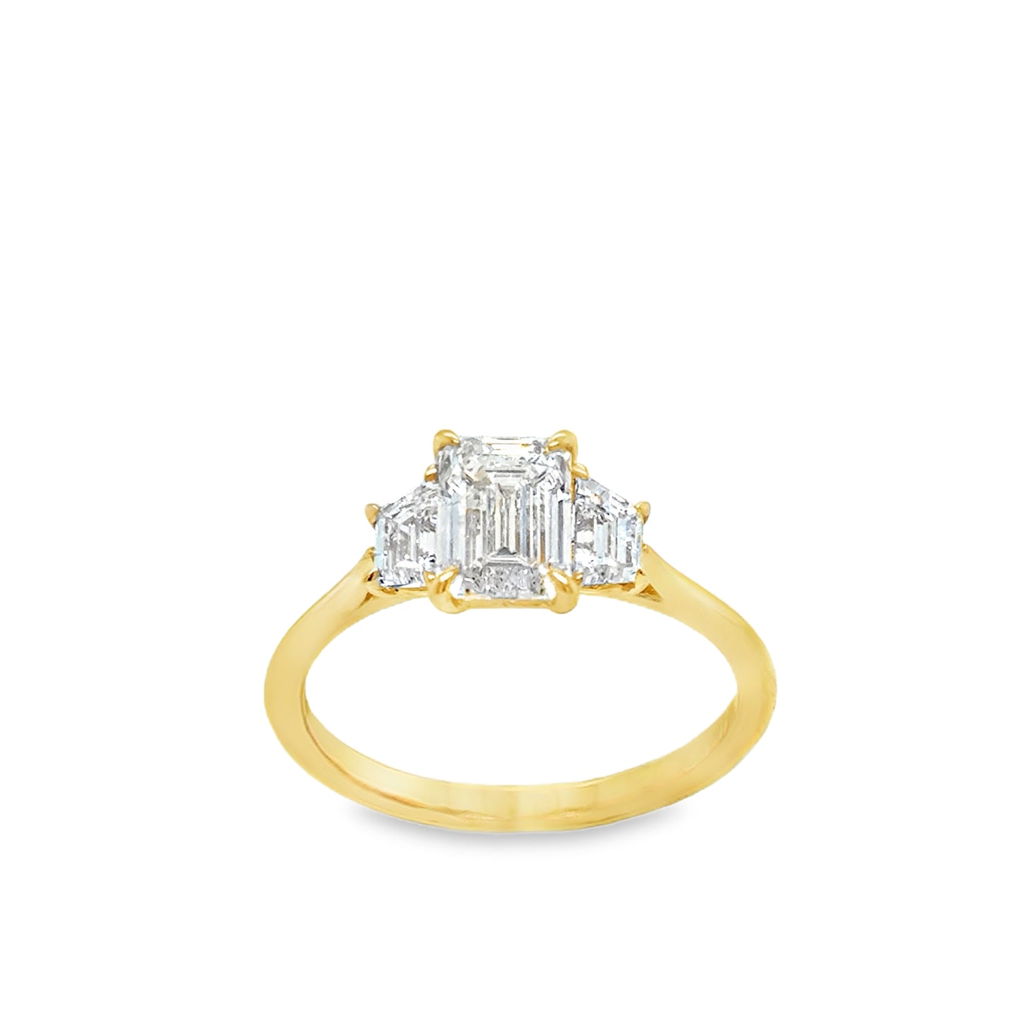 18ct Yellow Gold Three Stone Emerald and Trapezoid Cut Cultured Diamond Ring 1.57ct
