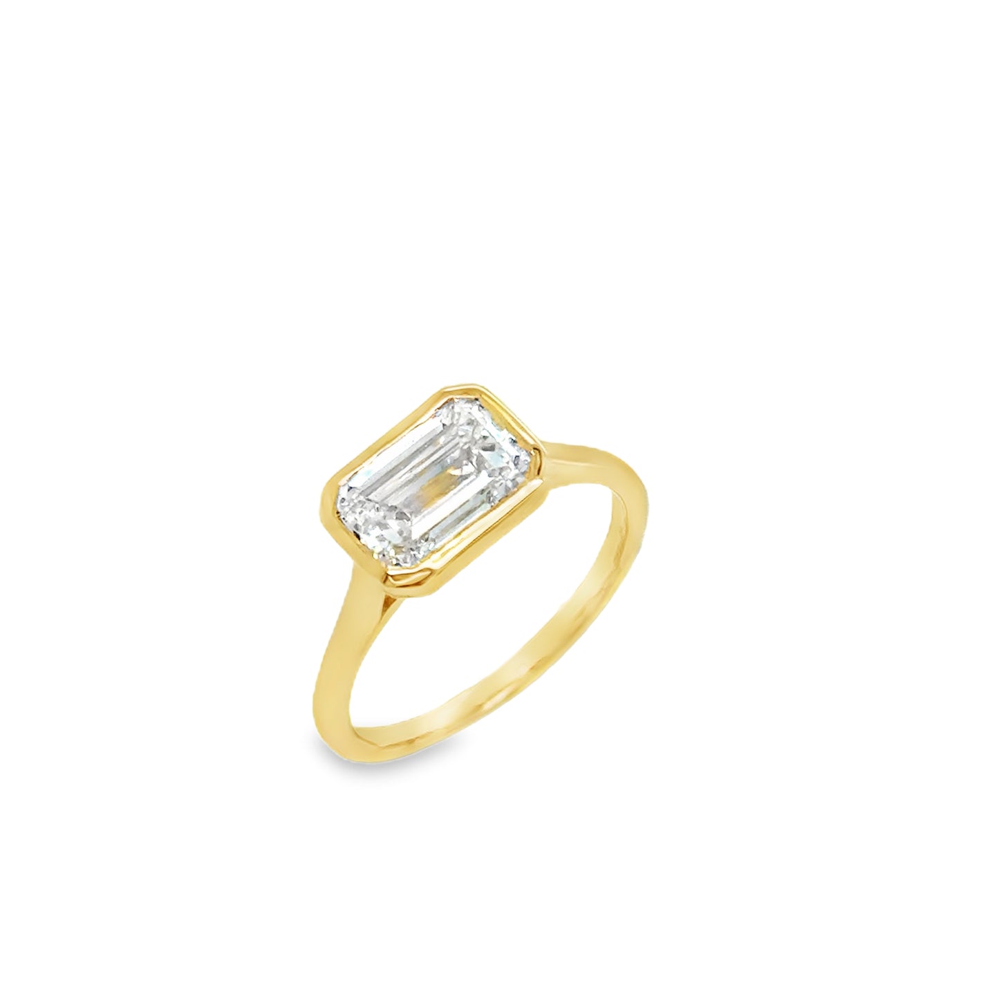 18ct Yellow Gold East-West Rubover Set Emerald Cut Cultured Solitaire Diamond Ring 2.07ct