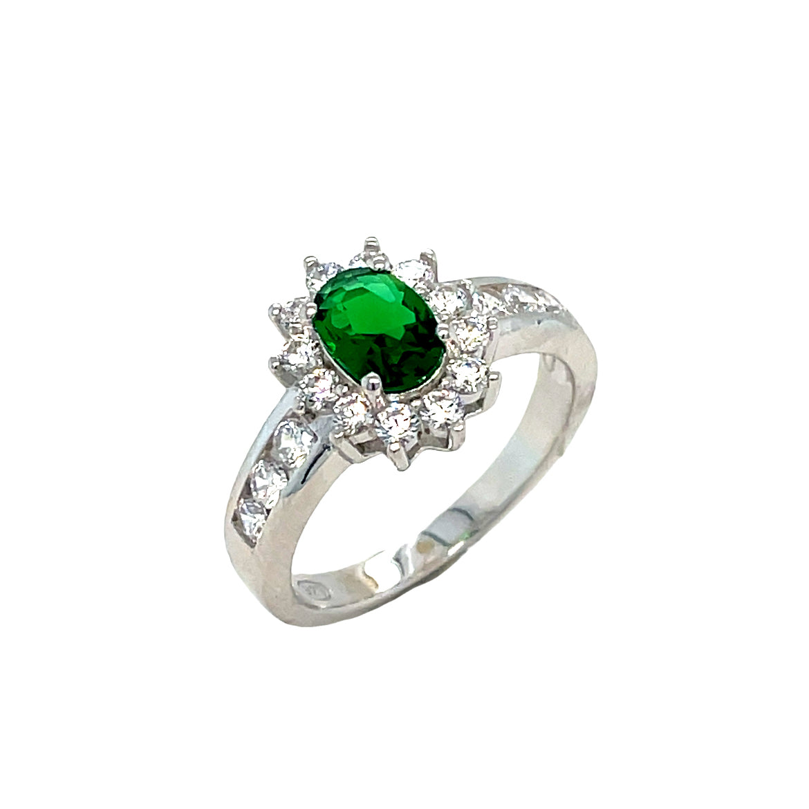 Sterling Silver Green Stone Cubic Zirconia Cluster Ring