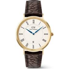 Gents Daniel Wellington Classic Roman Numerals Date Dark Brown Croc Belly Gold
