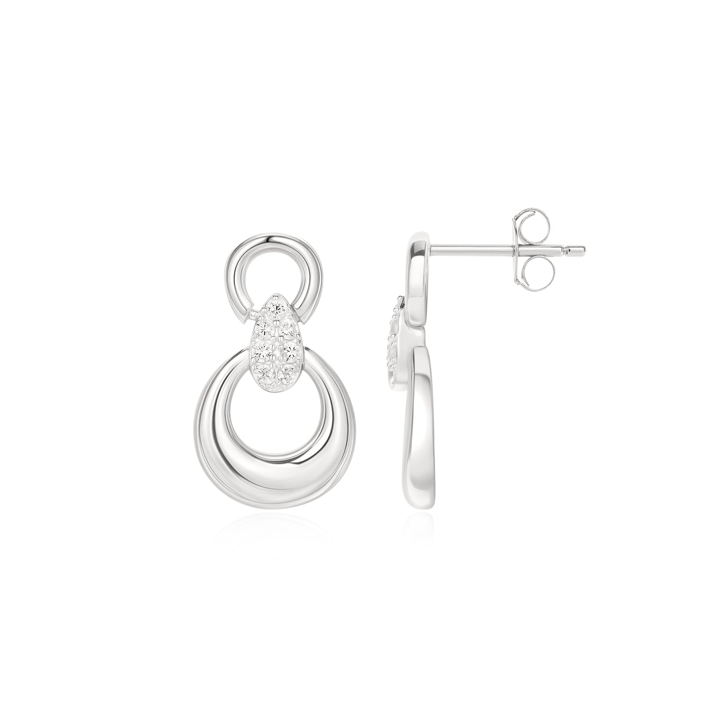 Sterling Silver CZ & Polished Double Circle Drop Earrings