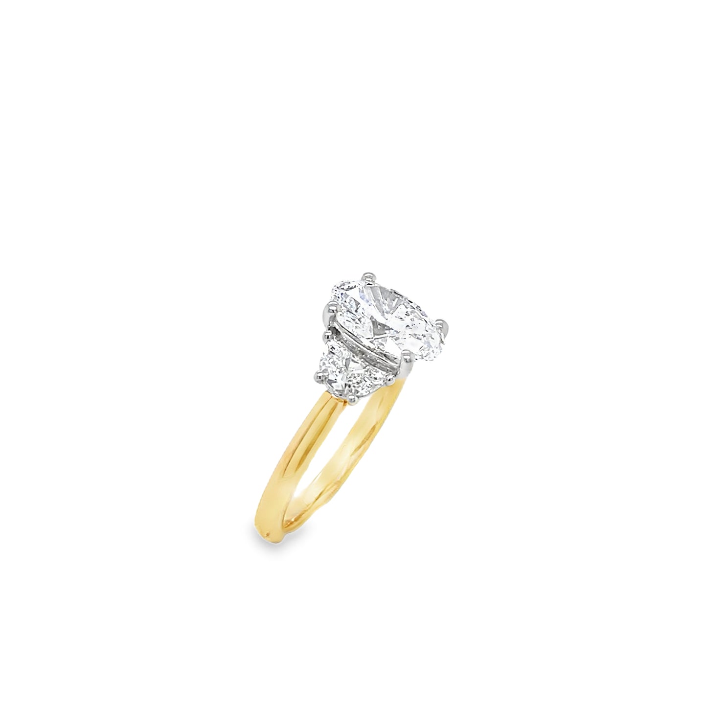 18ct 3 Stone Oval Cut Cultured Diamond Ring With Demi-Lune Side Stones 2.50ct