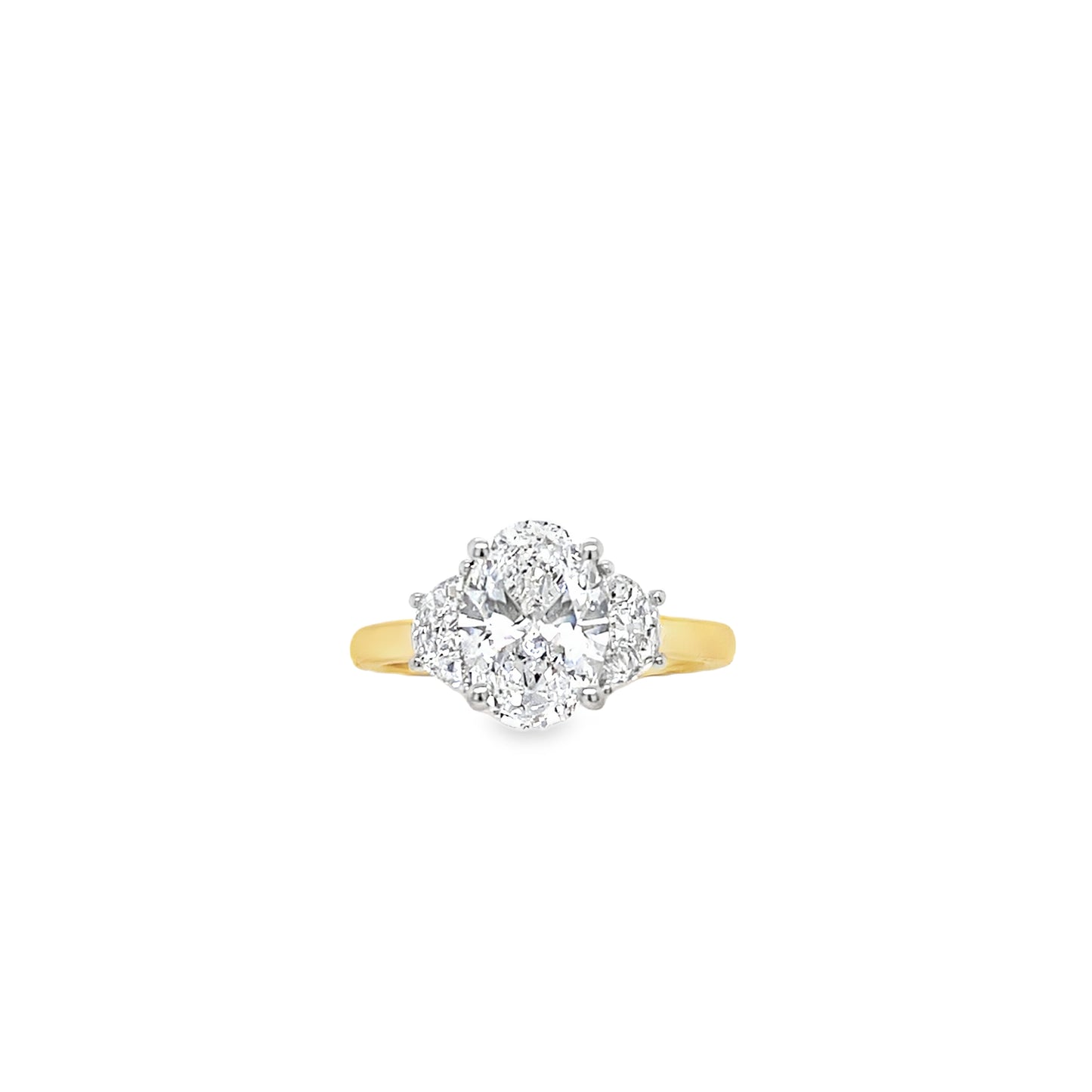 18ct 3 Stone Oval Cut Cultured Diamond Ring With Demi-Lune Side Stones 2.50ct
