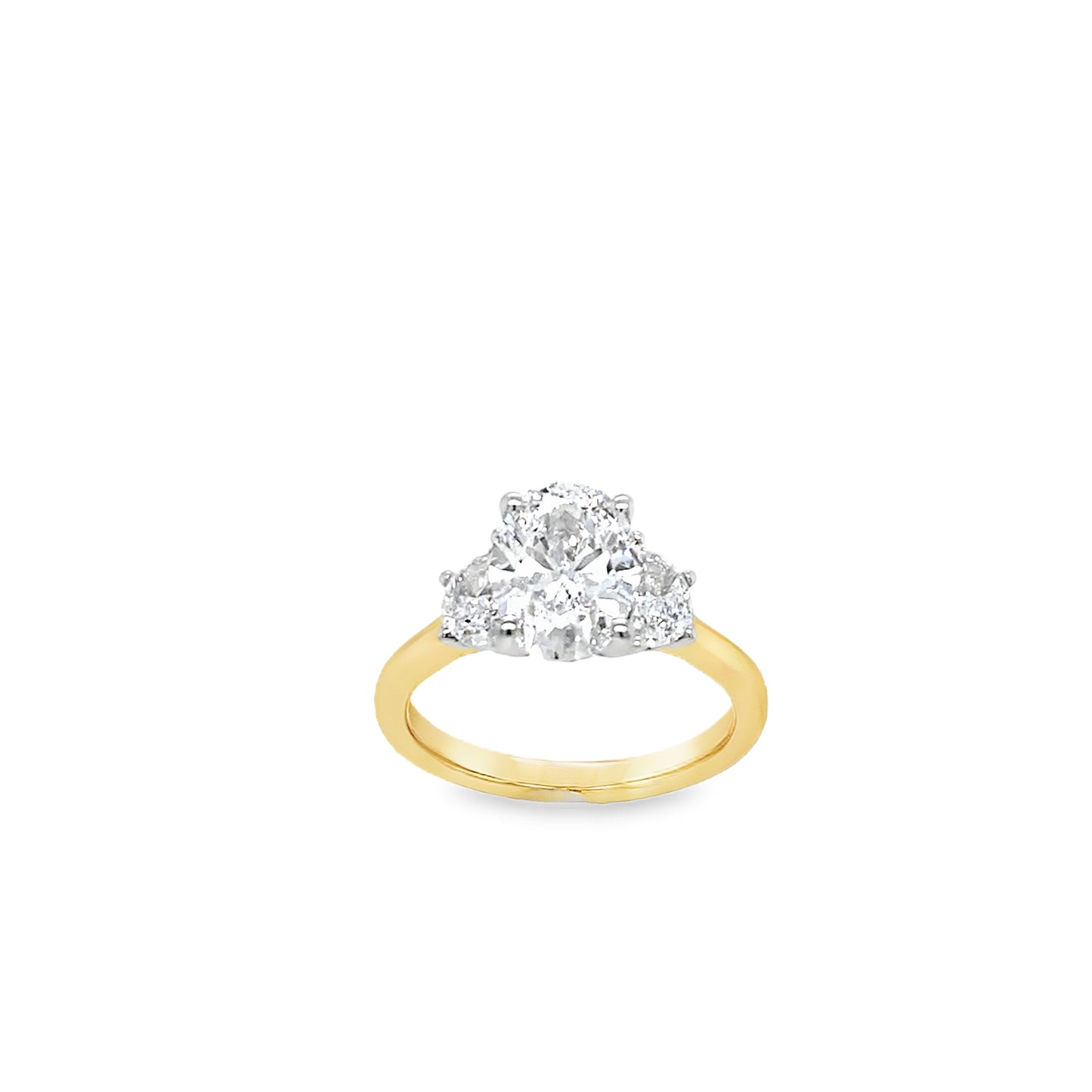 18ct 3 Stone Oval Cut Cultured Diamond Ring With Demi-Lune Side Stones 2.50ct