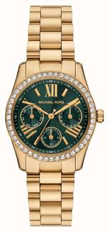 Ladies Rolled Goldl Michael Kors Lexington CZ Bezel With Green Dial Set