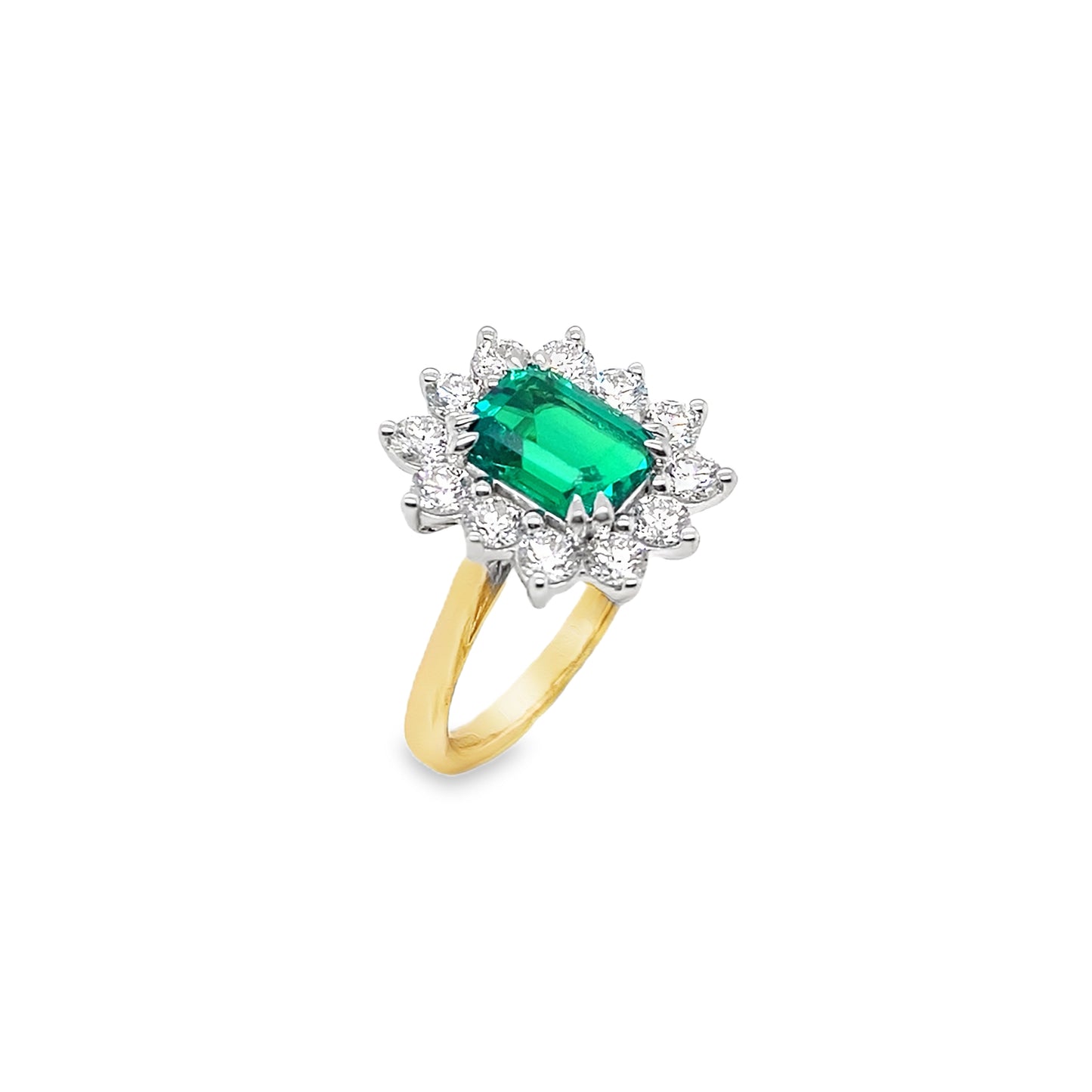 9ct Yellow Gold Emerald Cut Flower Cluster Cultured Emerald and Cultured Diamond Ring 1.00ct