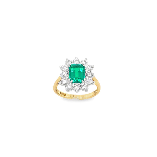 9ct Yellow Gold Emerald Cut Flower Cluster Cultured Emerald and Cultured Diamond Ring 1.00ct