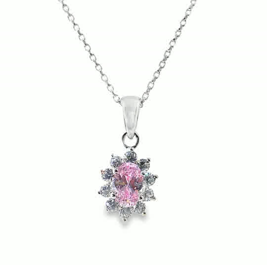 Sterling Silver Oval Pink CZ Cluster Pendant