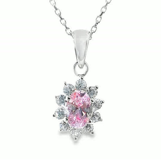 Sterling Silver Oval Pink CZ Cluster Pendant