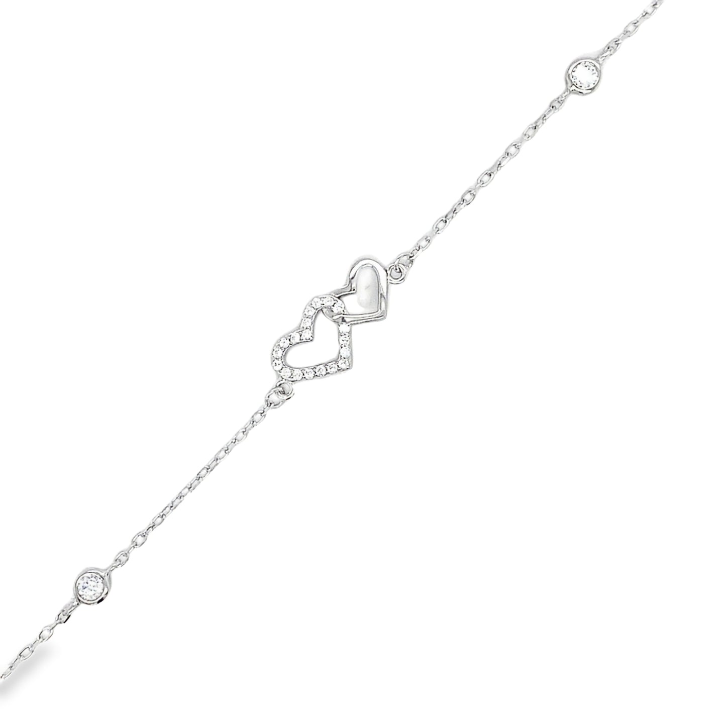 Sterling Silver CZ and Polished Double Heart Bracelet
