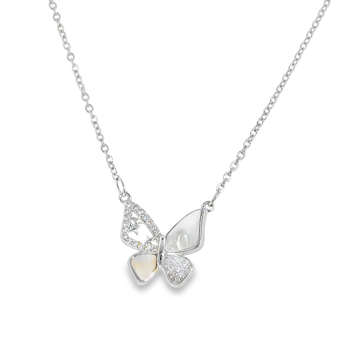 Sterling Silver CZ and Mother of Pearl Butterfly Necklet