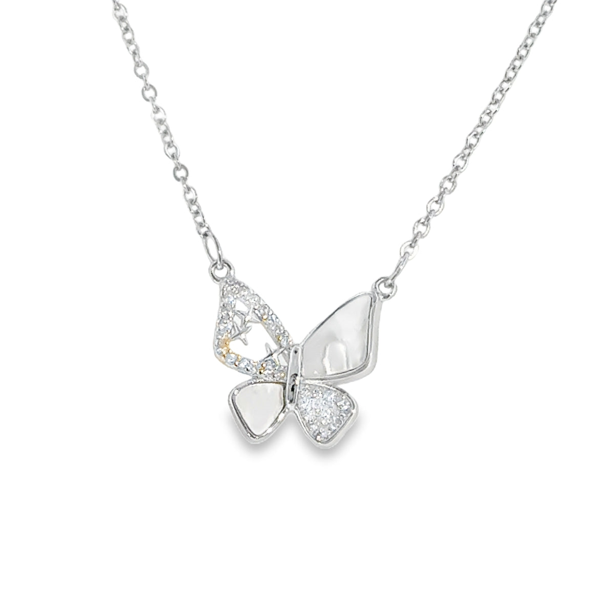 Sterling Silver CZ and Mother of Pearl Butterfly Necklet