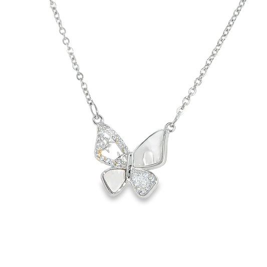 Sterling Silver CZ and Mother of Pearl Butterfly Necklet