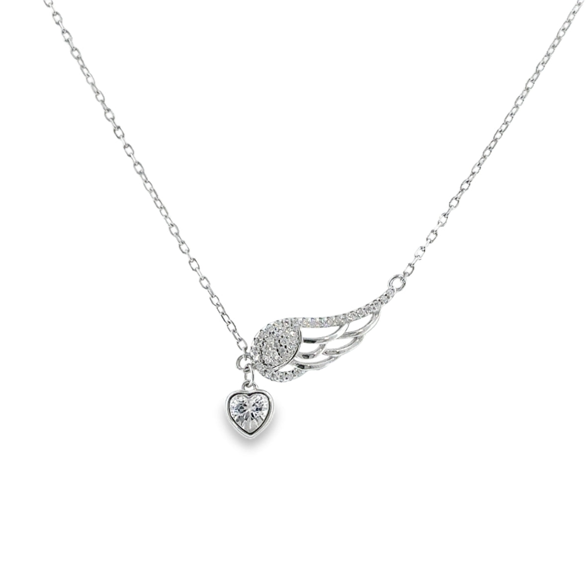 Sterling Silver CZ Heart and Wing Necklet