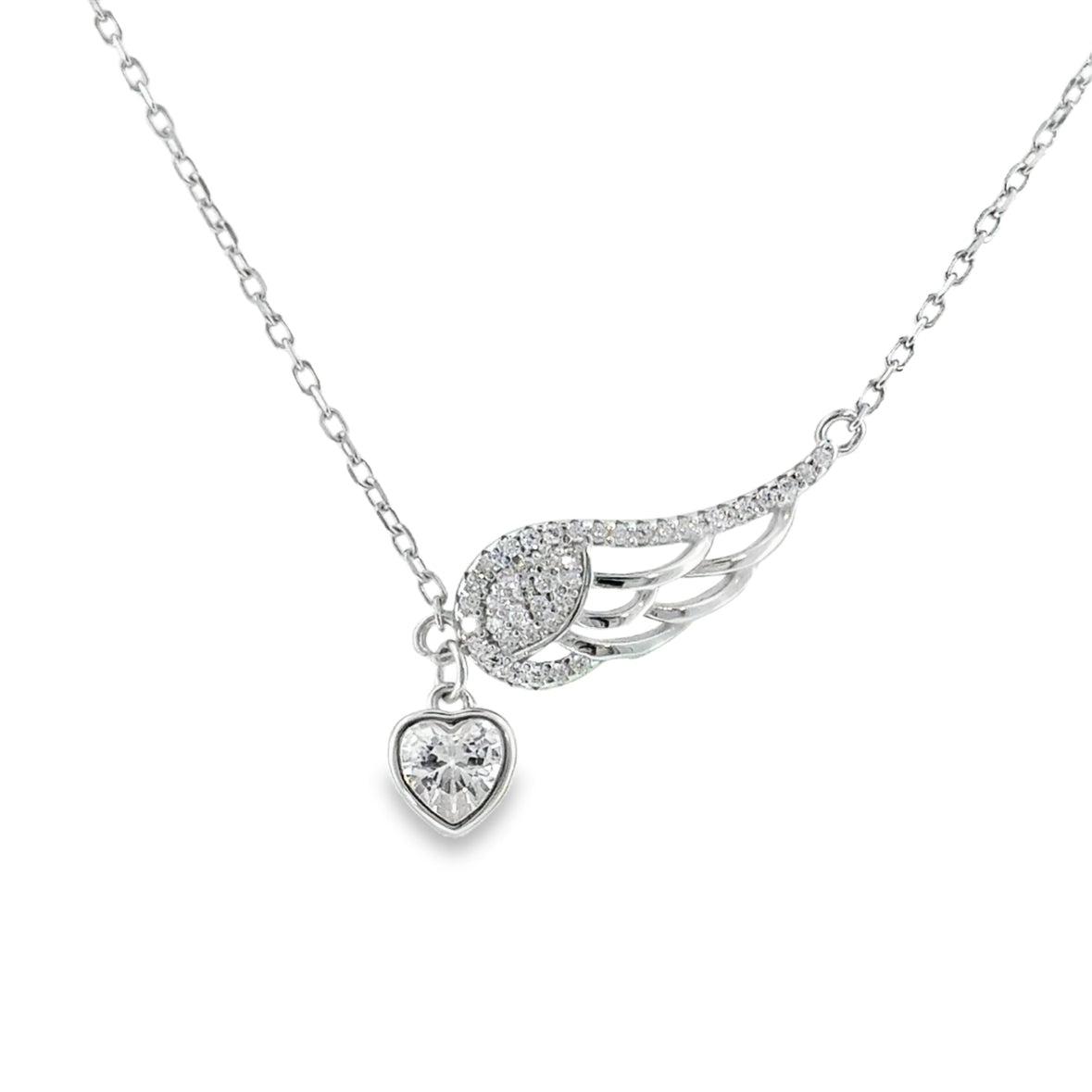 Sterling Silver CZ Heart and Wing Necklet