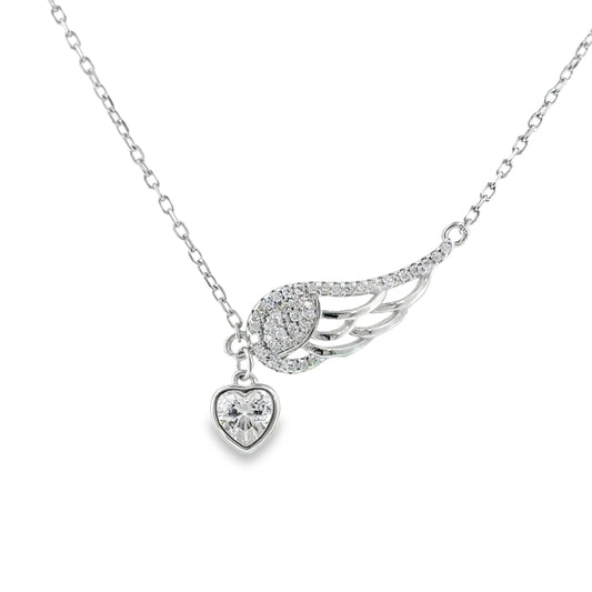 Sterling Silver CZ Heart and Wing Necklet