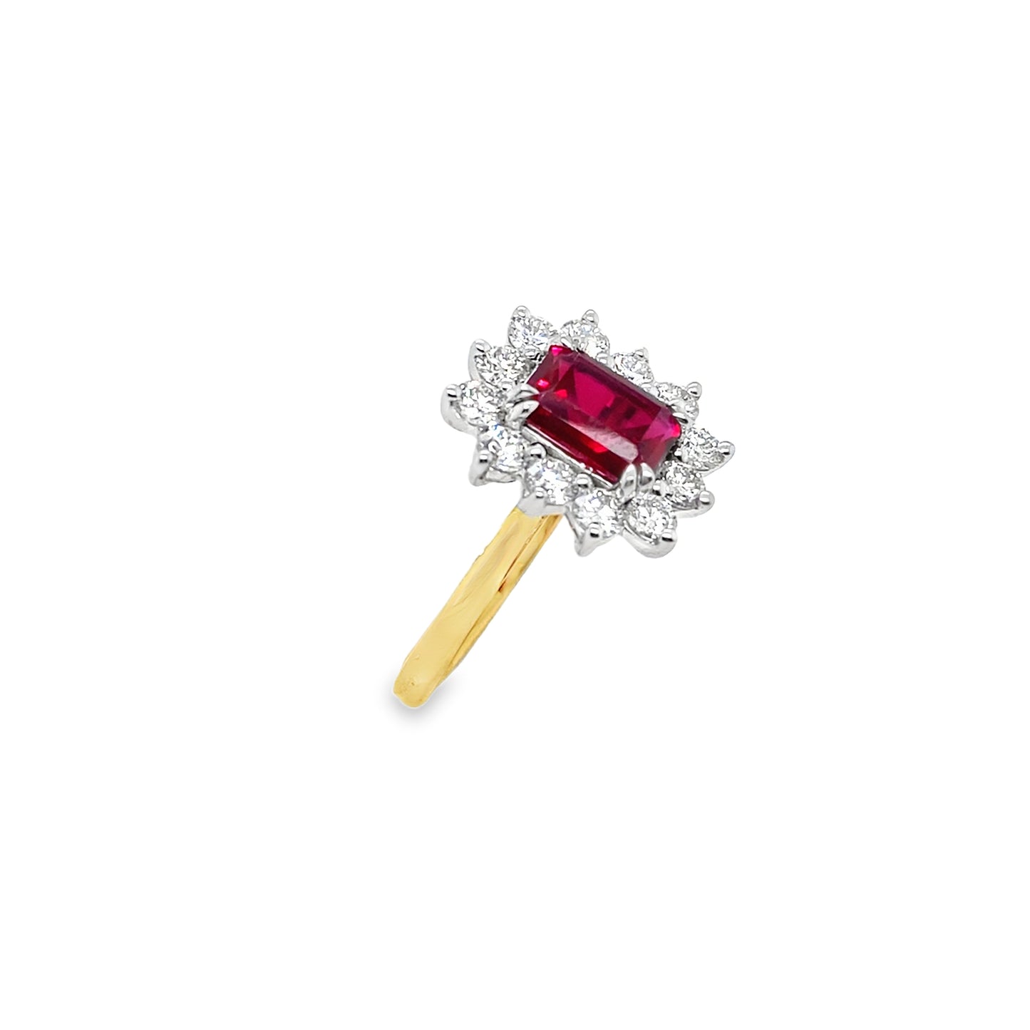 9ct Yellow Gold Emerald Cut Cultured Ruby Ring with Cultured Diamond Set Halo 1.00ct