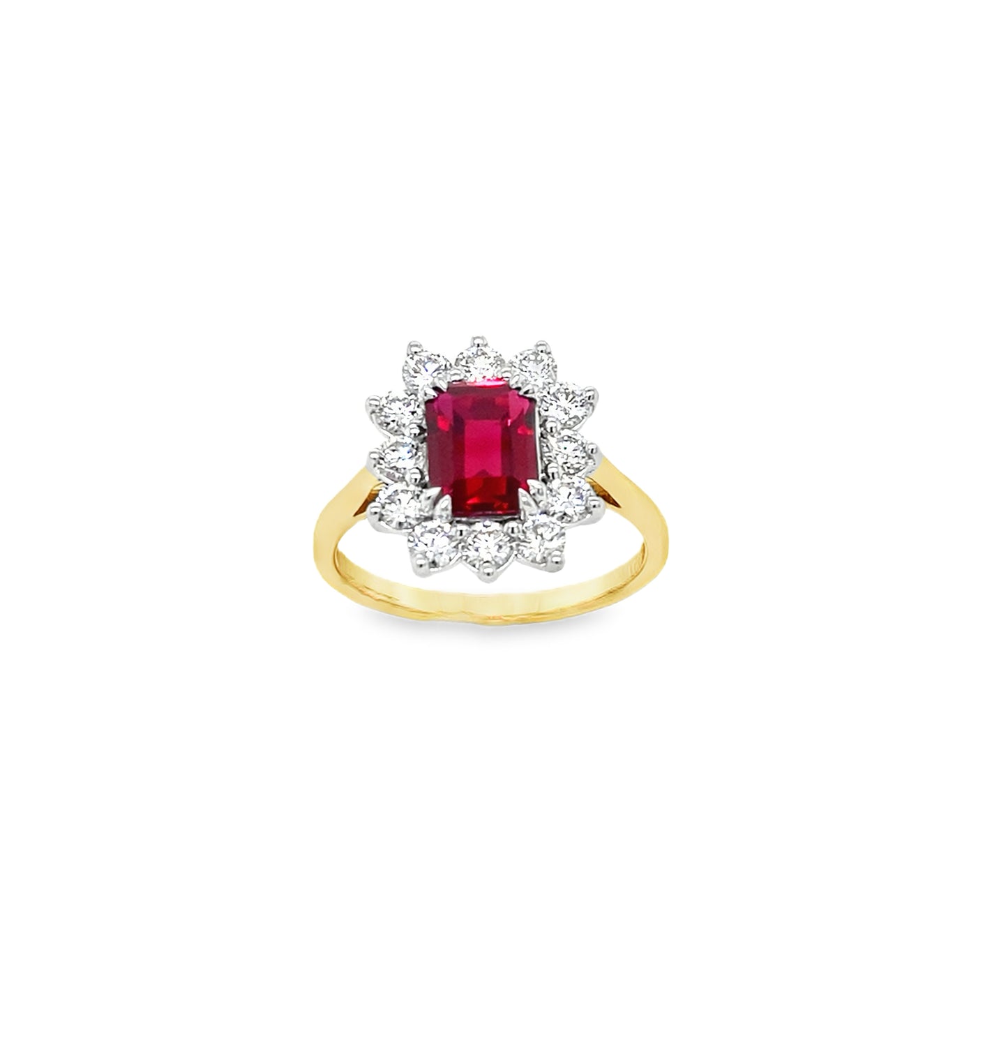 9ct Yellow Gold Emerald Cut Cultured Ruby Ring with Cultured Diamond Set Halo 1.00ct