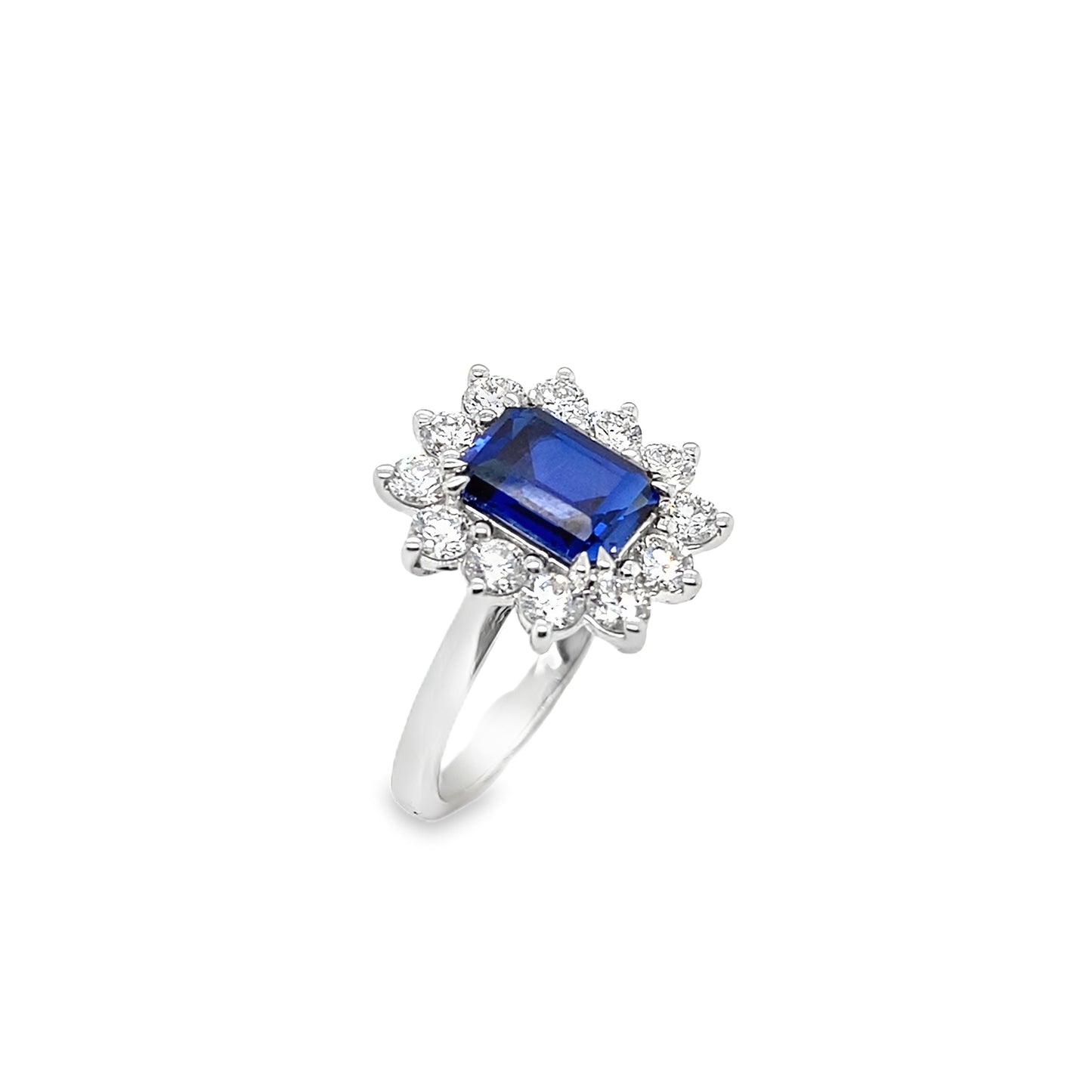 9ct White Gold Emerald Cut Cultured Sapphire Ring with Cultured Diamond Halo 1.00ct