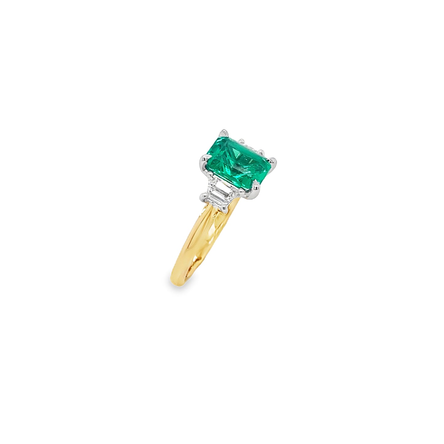 9ct Yellow Gold Emerald Cut Cultured Emerald Ring with Trapezium Cut Cultured Diamond Shoulders .40