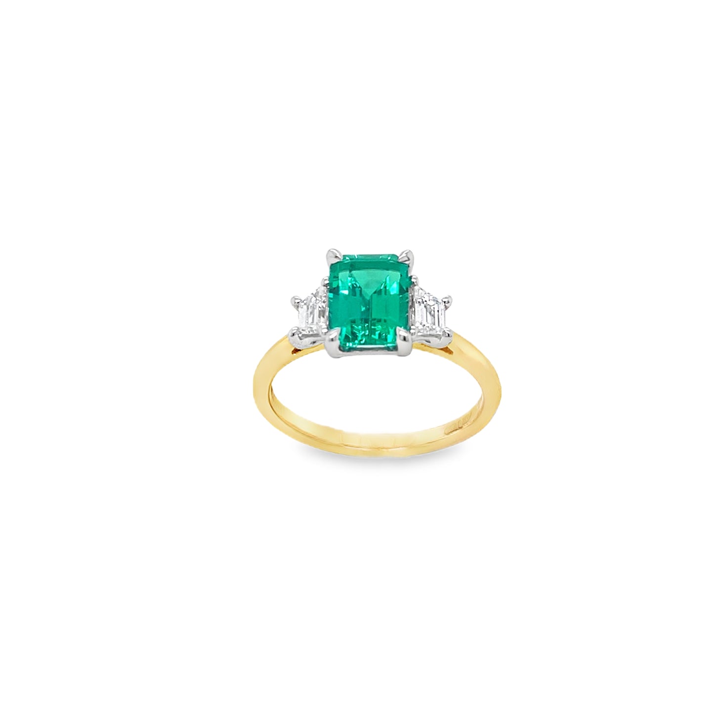 9ct Yellow Gold Emerald Cut Cultured Emerald Ring with Trapezium Cut Cultured Diamond Shoulders .40