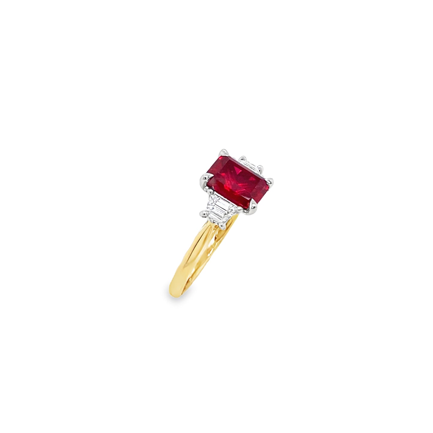 9ct Yellow Gold Emerald Cut Cultured Ruby Ring with Trapezium Cut Cultured Diamond Shoulders .40ct