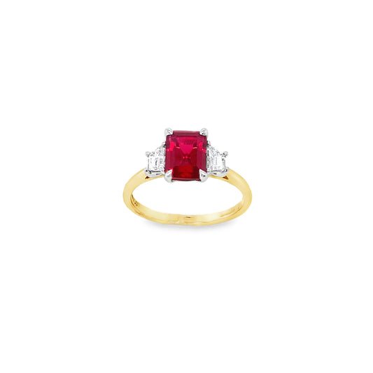 9ct Yellow Gold Emerald Cut Cultured Ruby Ring with Trapezium Cut Cultured Diamond Shoulders .40ct