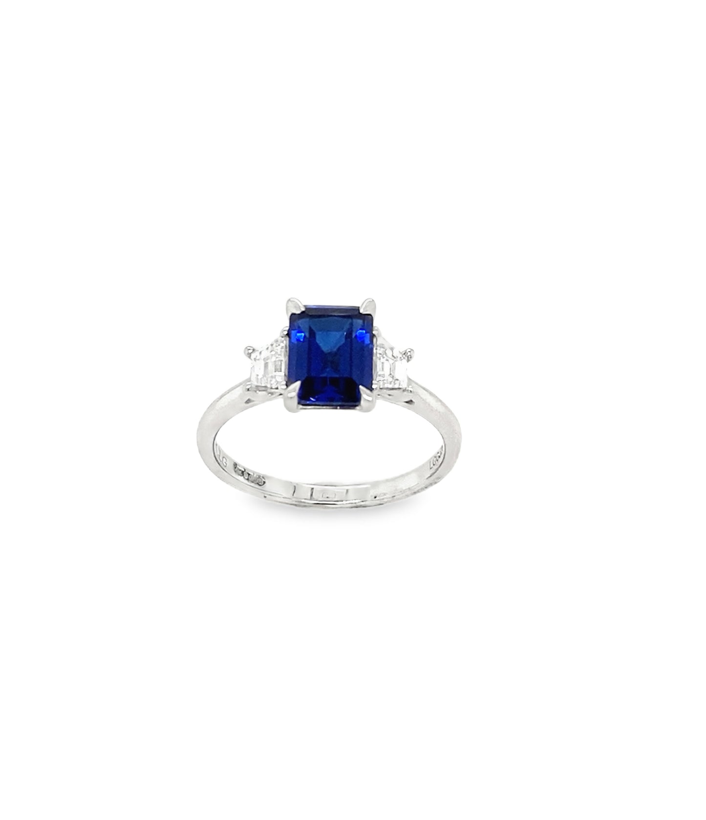9ct White Gold Emerald Cut Cultured Sapphire Ring with Cultured Diamond Trapezium Shoulders .40ct