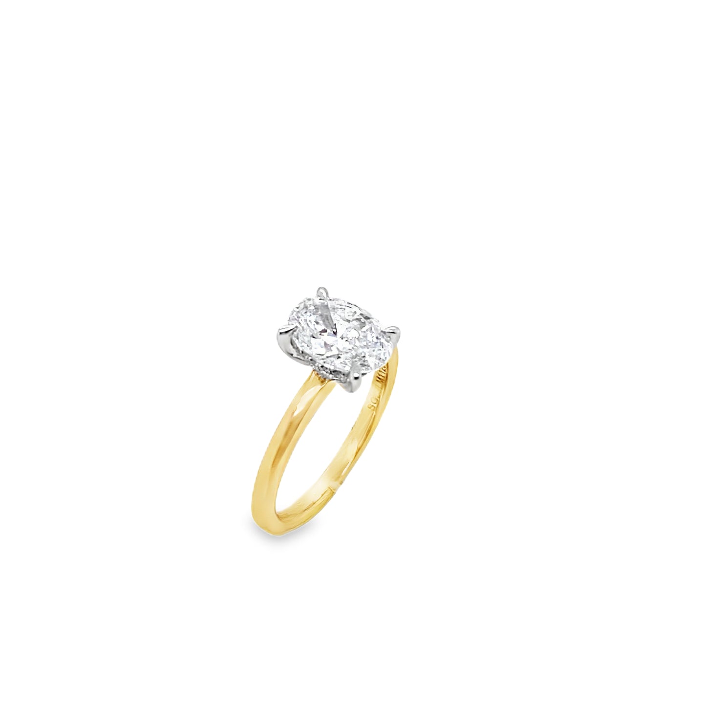 9ct Yellow Gold Oval Solitaire Cultured Diamond Ring with Cultured Diamond Set Hidden Halo 1.60ct