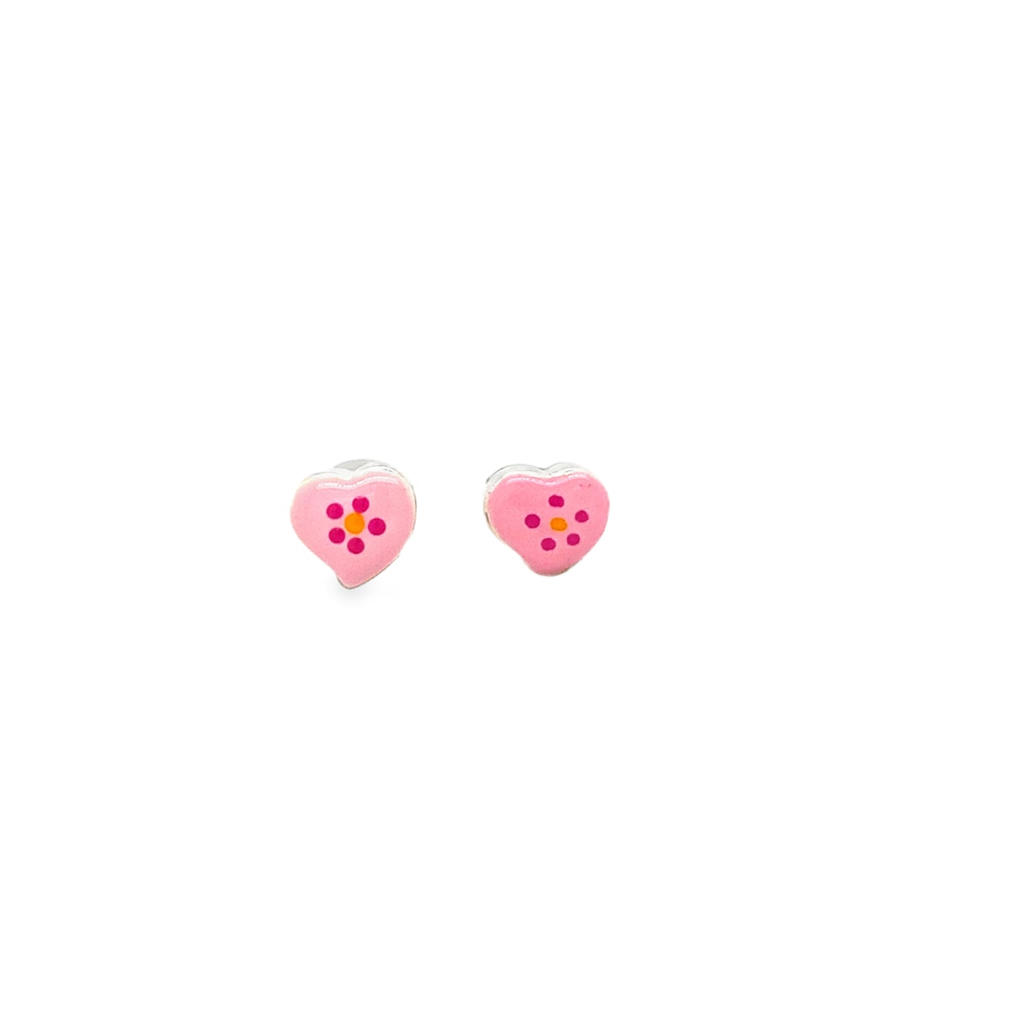 Sterling Silver Pink Enamel Heart Earrings With Flower Centre