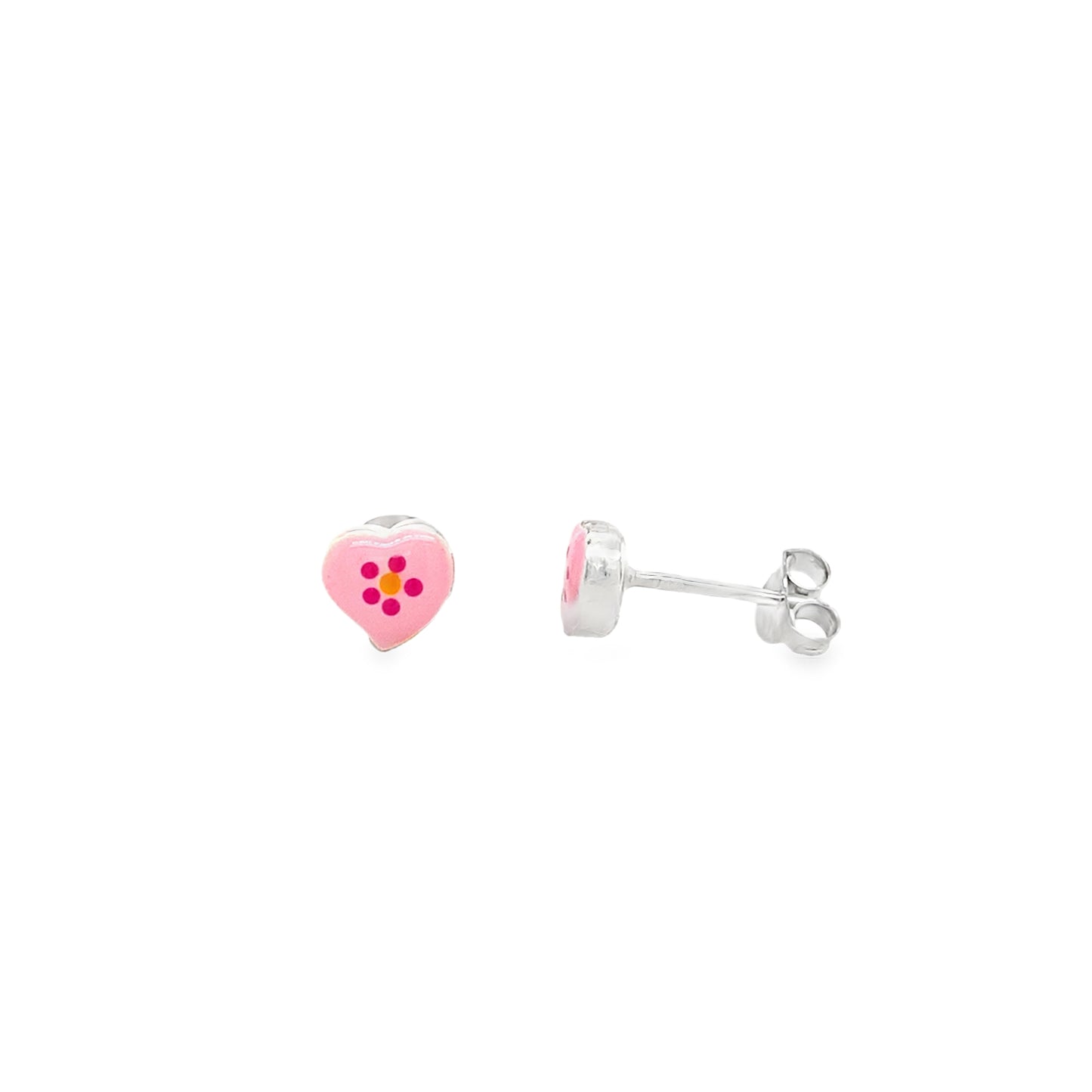 Sterling Silver Pink Enamel Heart Earrings With Flower Centre