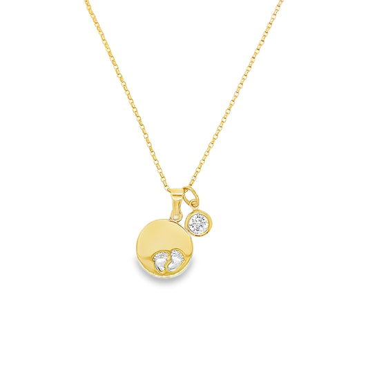 9ct 12mm Baby Feet Disc Pendant With CZ Stone