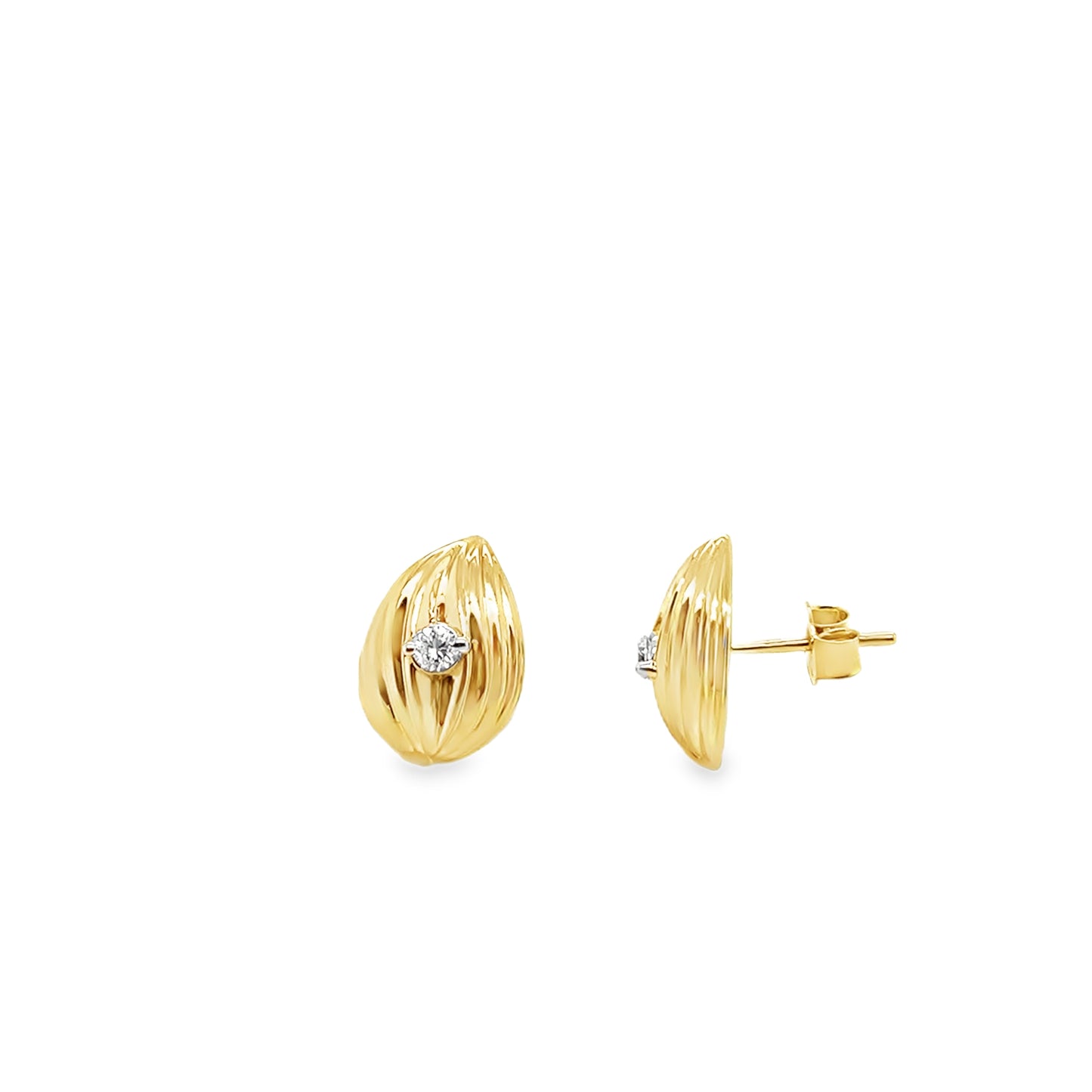 9ct Ripple Pear Stud Earring With Cultured Diamond Centre 0.15ct