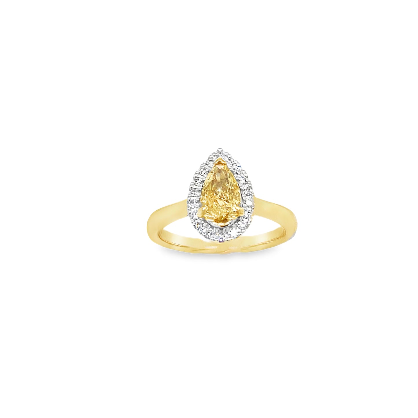 9ct Pear Cut Cultured Yellow Diamond With Culured Diamond Halo Ring 1.10ct