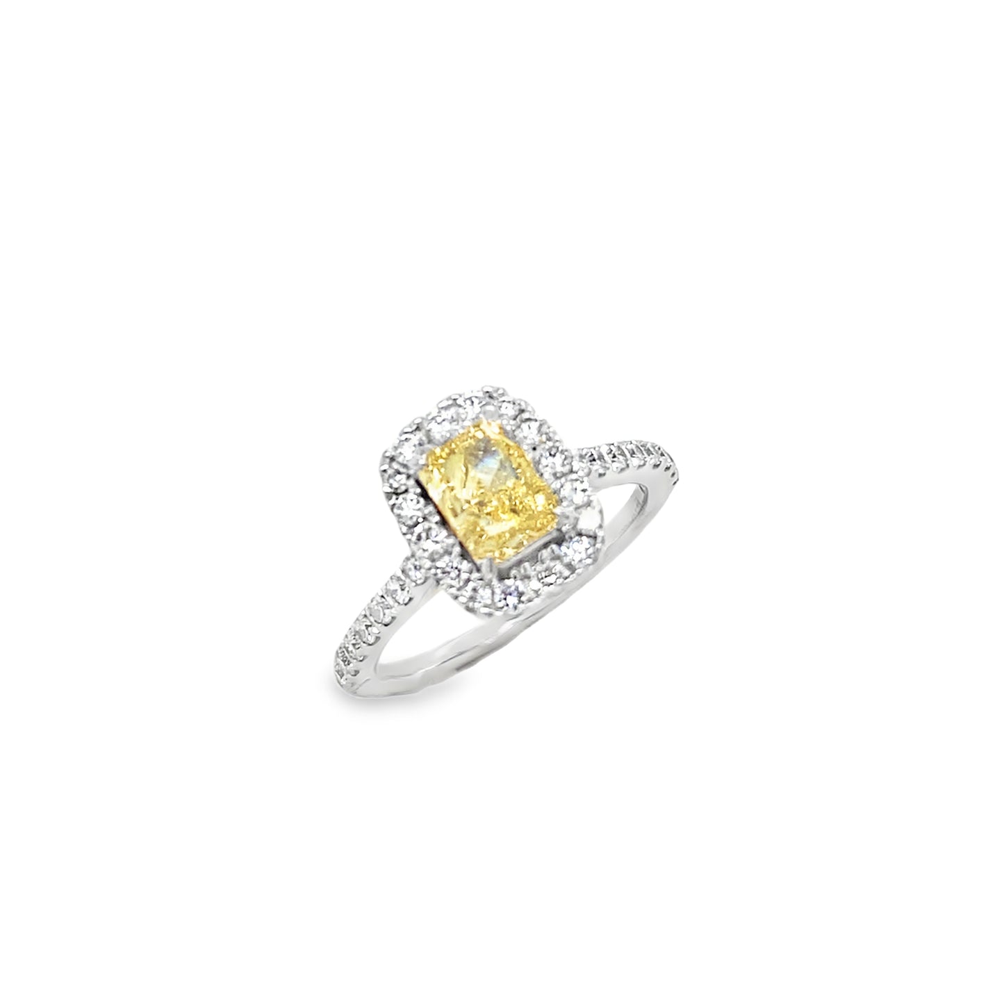 9ct Radiant Cut Cultured Yellow Diamond With Culured Diamond Halo & Shoulders 1.50ct