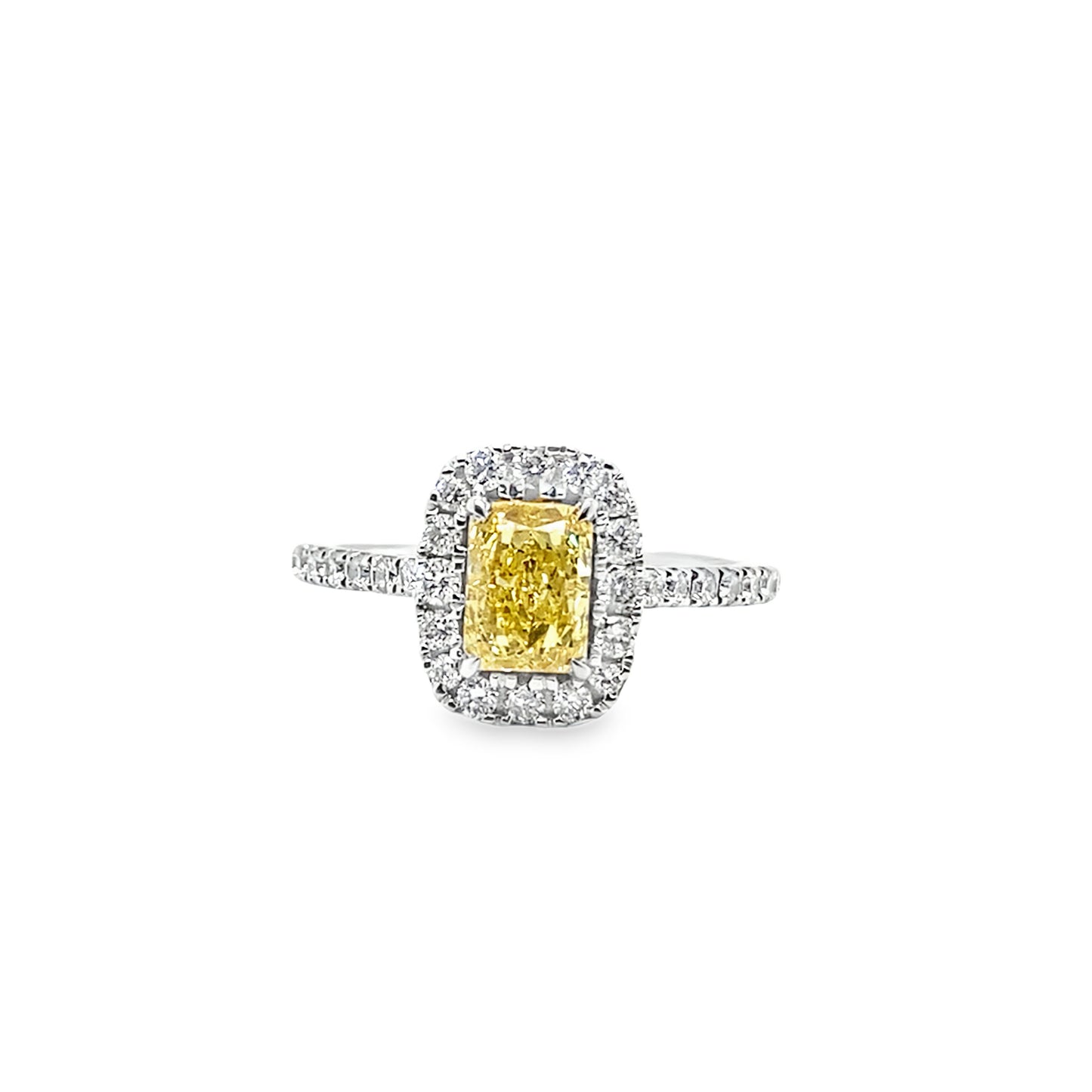 9ct Radiant Cut Cultured Yellow Diamond With Culured Diamond Halo & Shoulders 1.50ct