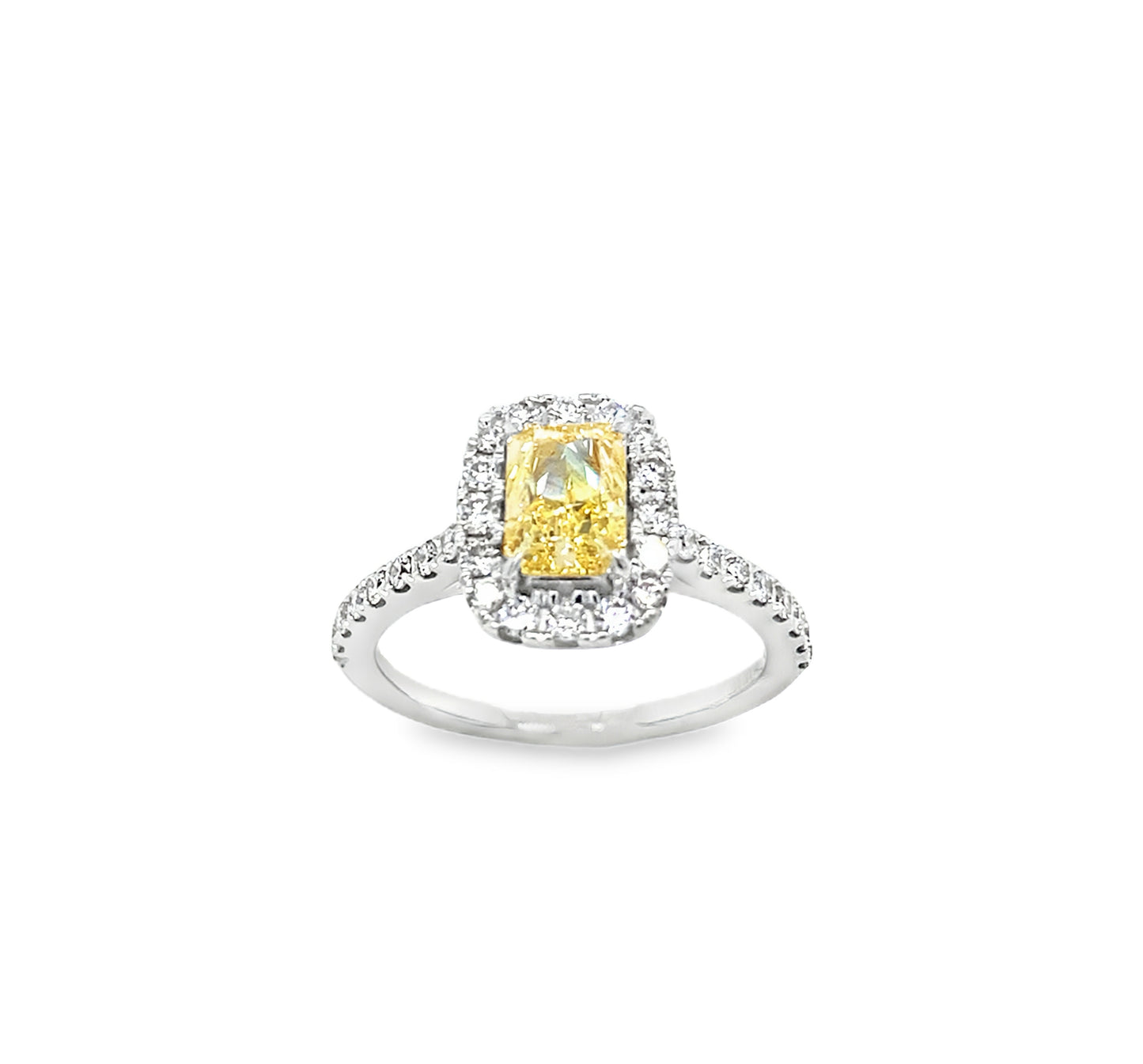 9ct Radiant Cut Cultured Yellow Diamond With Culured Diamond Halo & Shoulders 1.50ct