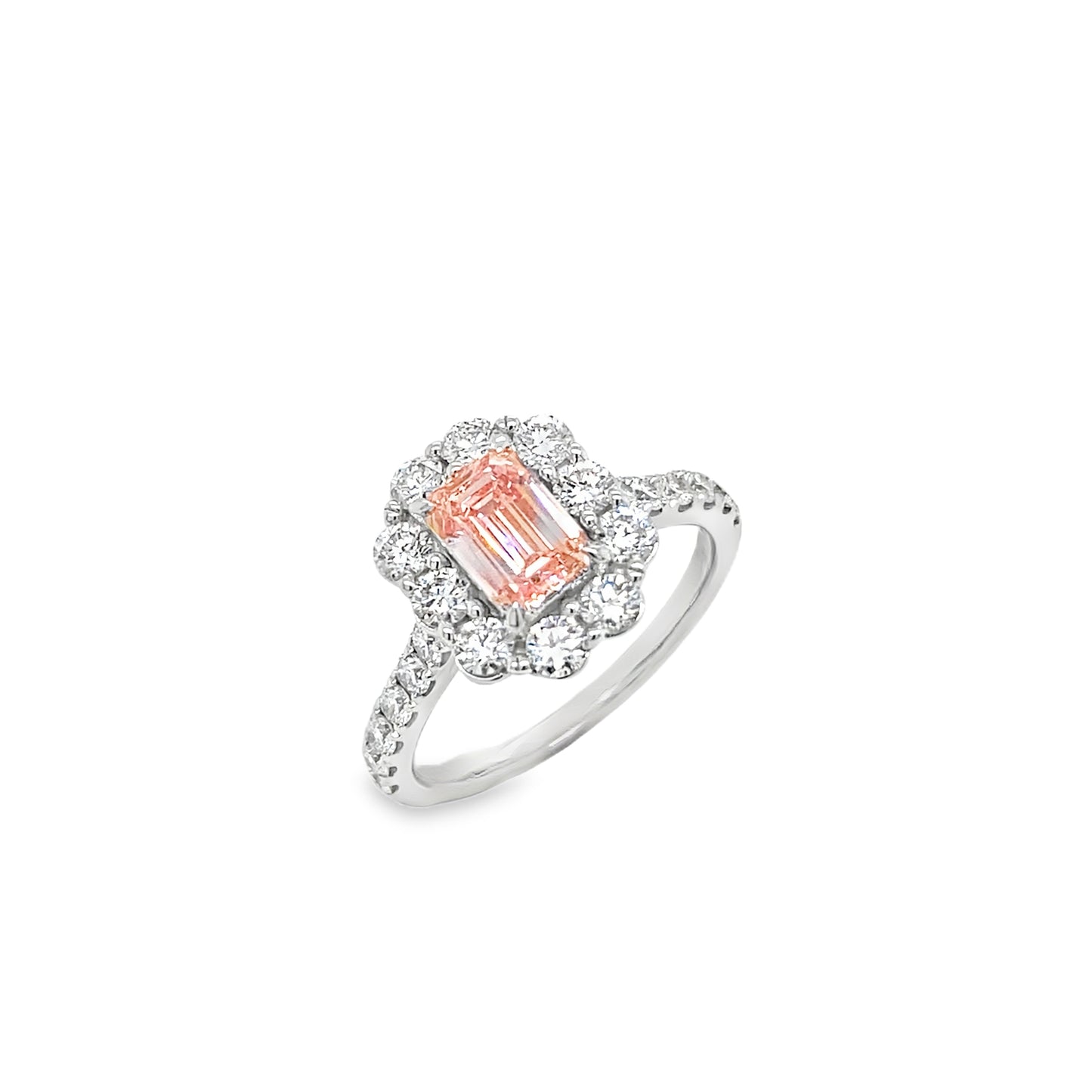 9ct White Gold Pink Cultured Emerald With Cultured Diamond Halo & Shoulders 2.00ct