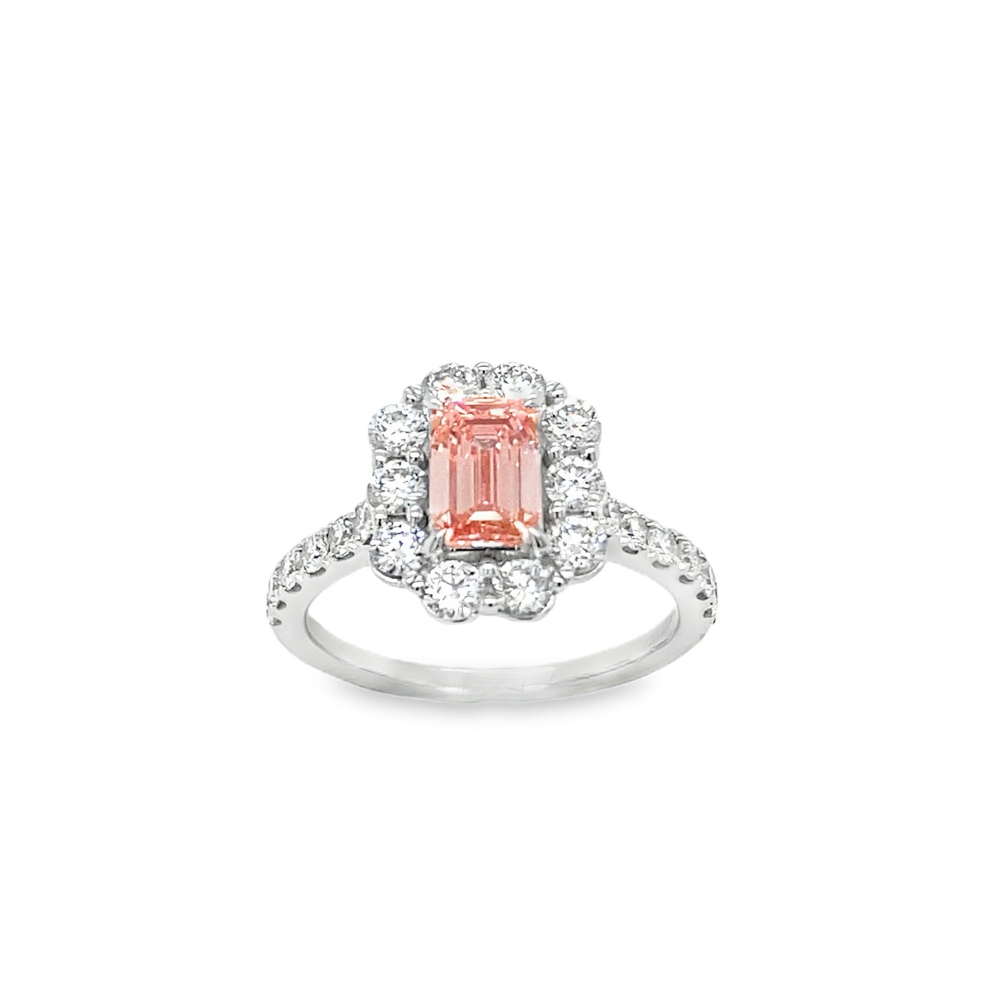 9ct White Gold Pink Cultured Emerald With Cultured Diamond Halo & Shoulders 2.00ct