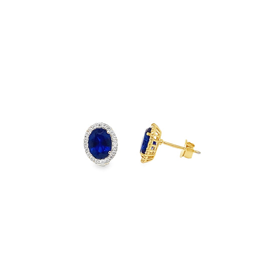 9ct Dark Blue Oval CZ Halo Stud Earrings