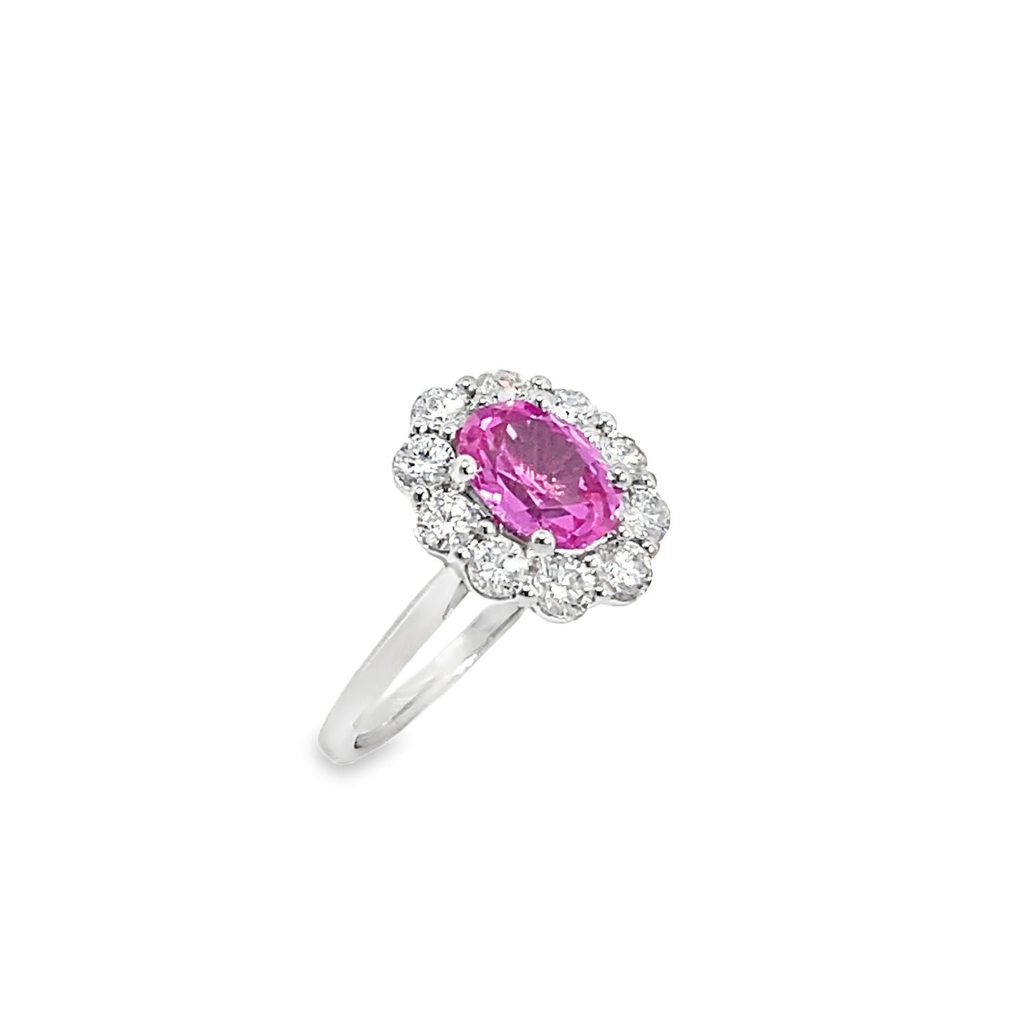 9ct White Gold Oval Pink Sapphire Ring with Fancy Cultured Diamond Set Shoulders .80ct