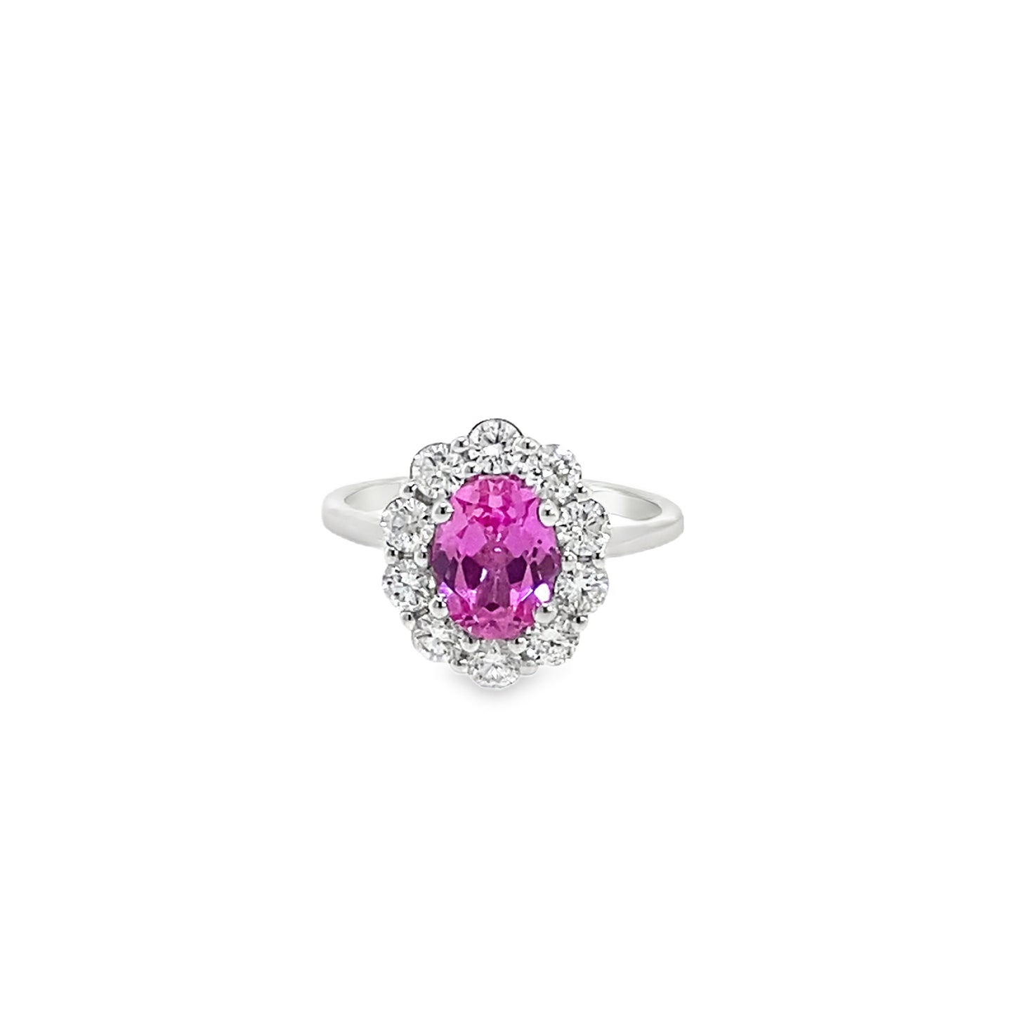 9ct White Gold Oval Pink Sapphire Ring with Fancy Cultured Diamond Set Shoulders .80ct