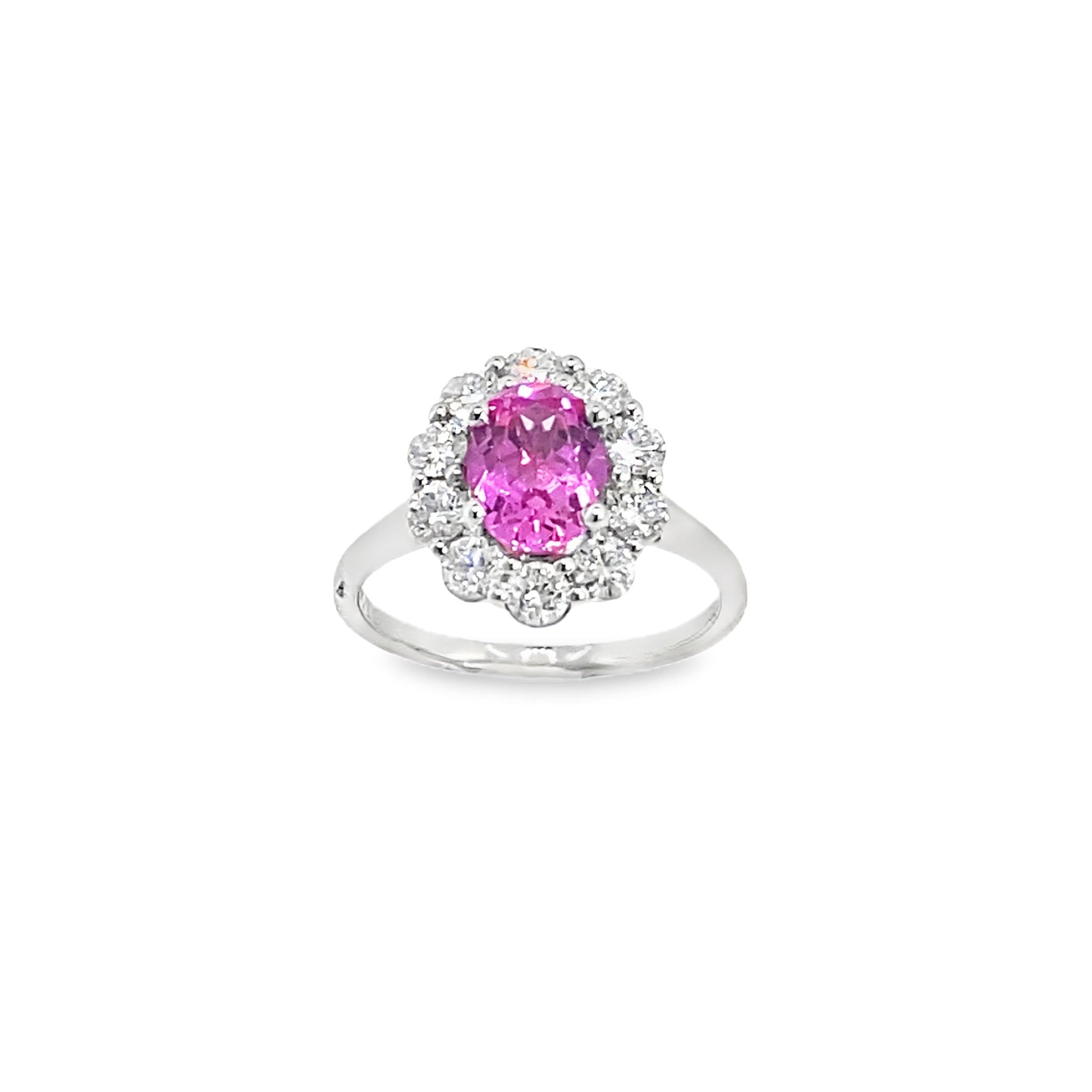 9ct White Gold Oval Pink Sapphire Ring with Fancy Cultured Diamond Set Shoulders .80ct